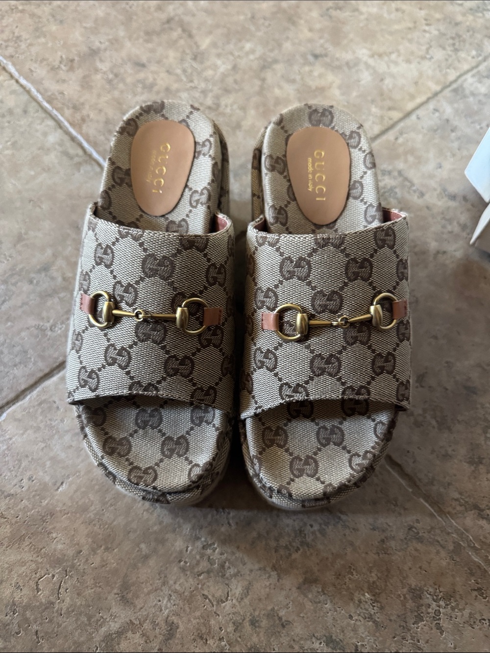 Gucci Beige Brown Monogram Horsebit Slides - Picture 3 of 5